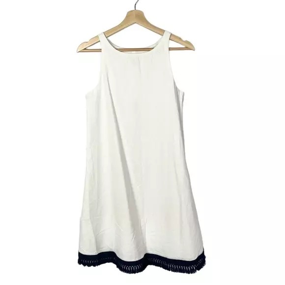 Vineyard Vines White A-Line Navy Blue Tassel Trim Shift Dress Size 8 - Picture 1 of 5